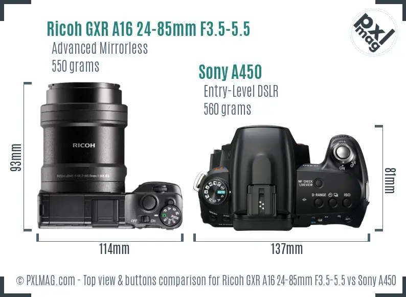Ricoh GXR A16 24-85mm F3.5-5.5 vs Sony A450 top view buttons comparison