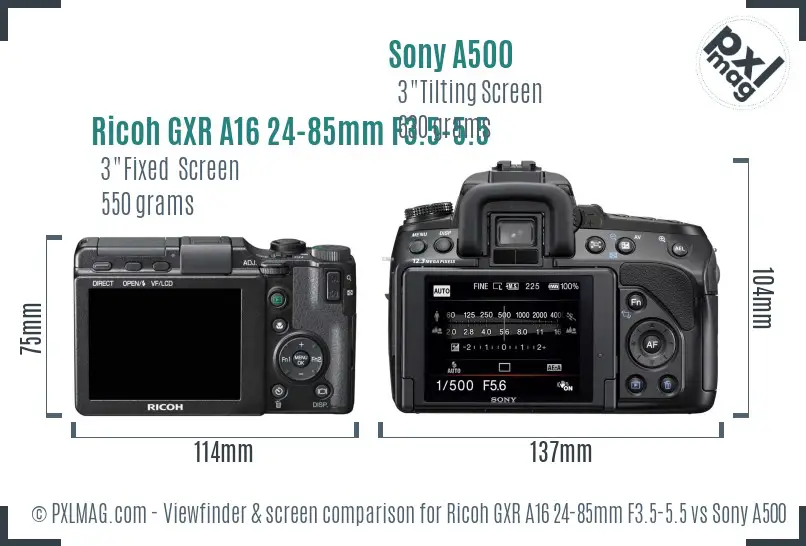 Ricoh GXR A16 24-85mm F3.5-5.5 vs Sony A500 Screen and Viewfinder comparison