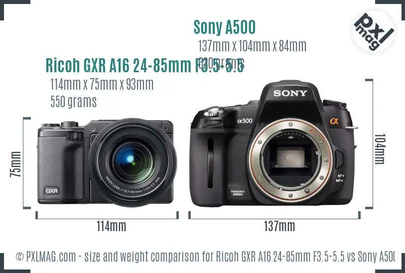 Ricoh GXR A16 24-85mm F3.5-5.5 vs Sony A500 size comparison