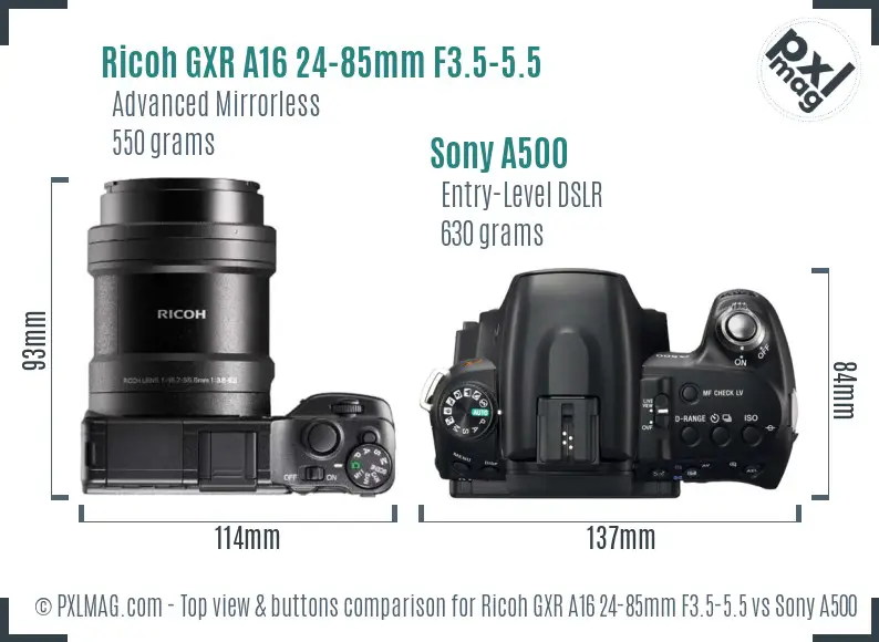 Ricoh GXR A16 24-85mm F3.5-5.5 vs Sony A500 top view buttons comparison