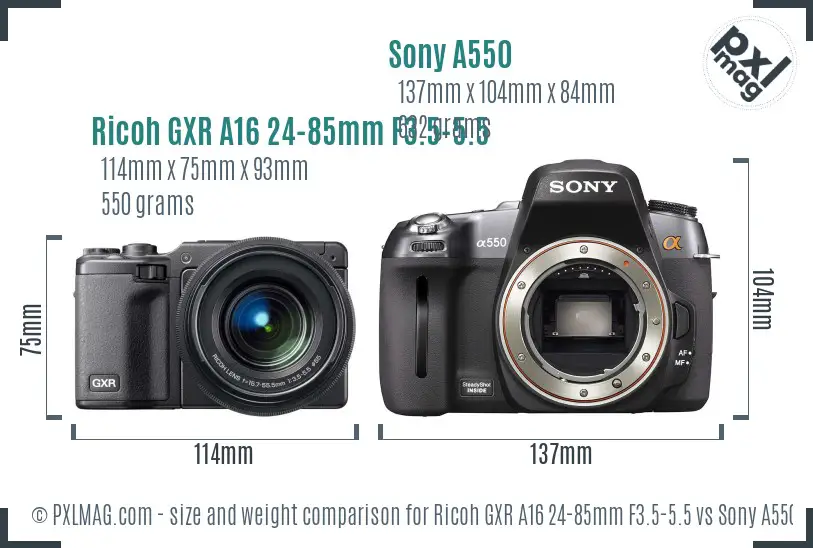 Ricoh GXR A16 24-85mm F3.5-5.5 vs Sony A550 size comparison