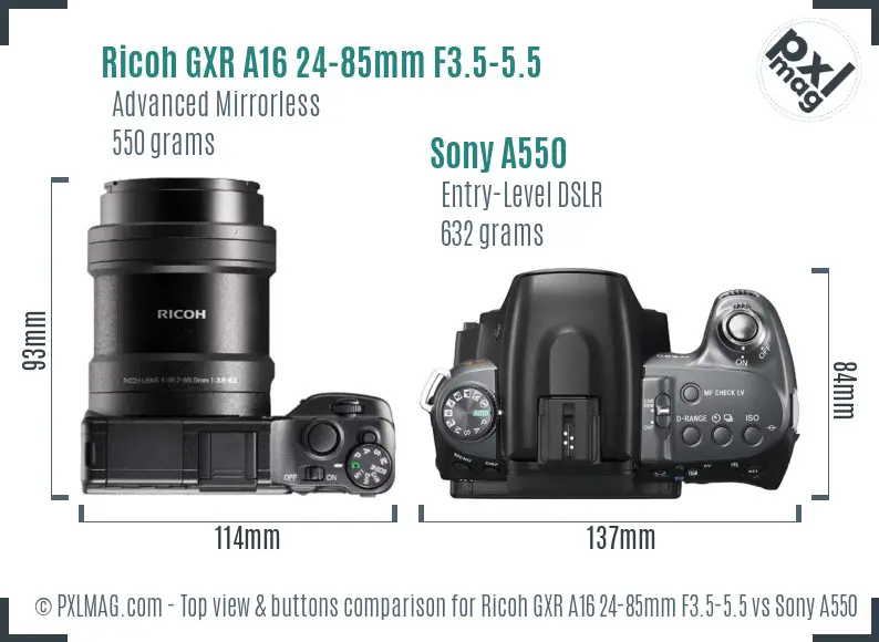 Ricoh GXR A16 24-85mm F3.5-5.5 vs Sony A550 top view buttons comparison