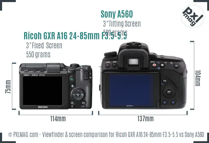 Ricoh GXR A16 24-85mm F3.5-5.5 vs Sony A560 Screen and Viewfinder comparison