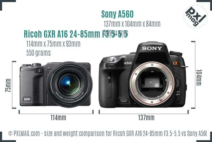 Ricoh GXR A16 24-85mm F3.5-5.5 vs Sony A560 size comparison