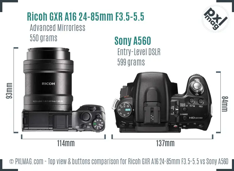 Ricoh GXR A16 24-85mm F3.5-5.5 vs Sony A560 top view buttons comparison