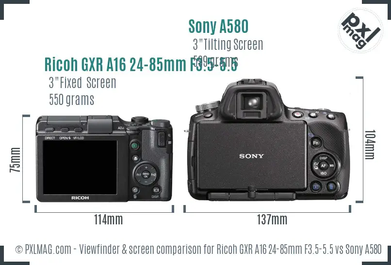 Ricoh GXR A16 24-85mm F3.5-5.5 vs Sony A580 Screen and Viewfinder comparison