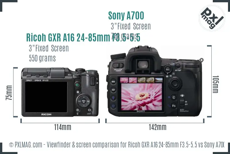 Ricoh GXR A16 24-85mm F3.5-5.5 vs Sony A700 Screen and Viewfinder comparison