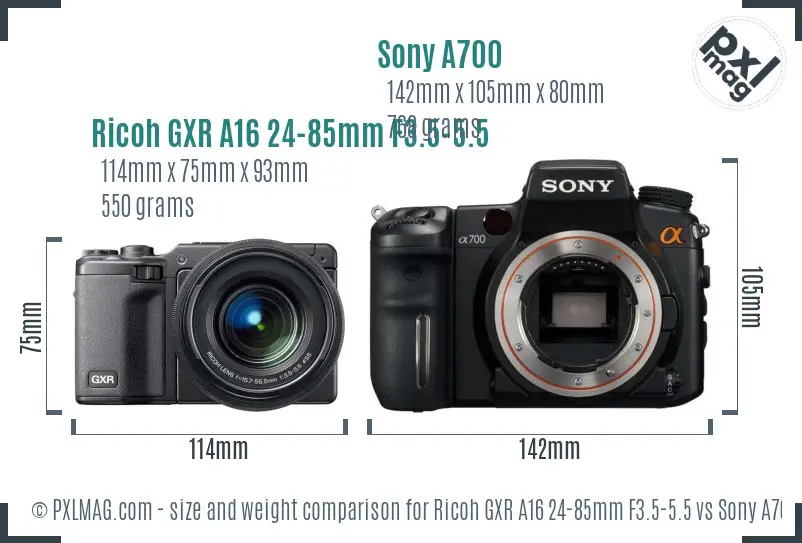 Ricoh GXR A16 24-85mm F3.5-5.5 vs Sony A700 size comparison