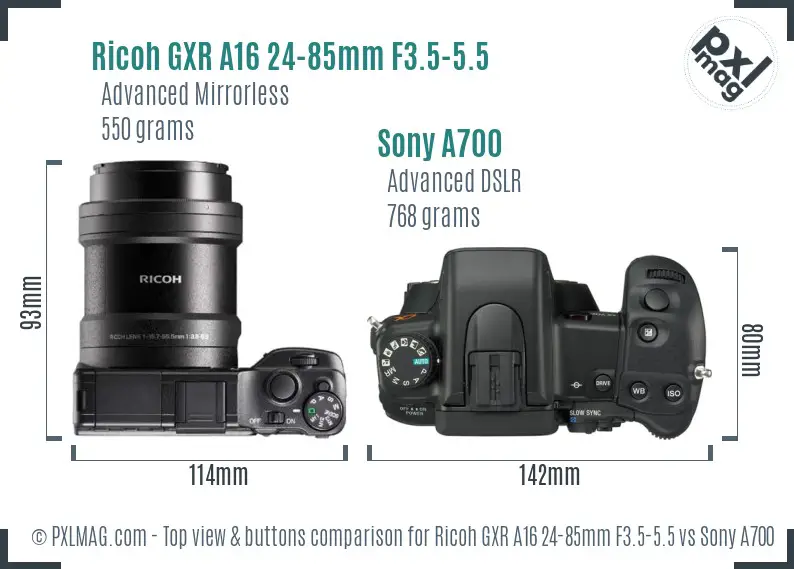 Ricoh GXR A16 24-85mm F3.5-5.5 vs Sony A700 top view buttons comparison