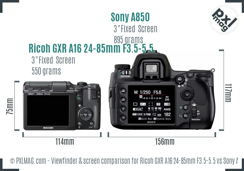 Ricoh GXR A16 24-85mm F3.5-5.5 vs Sony A850 Screen and Viewfinder comparison