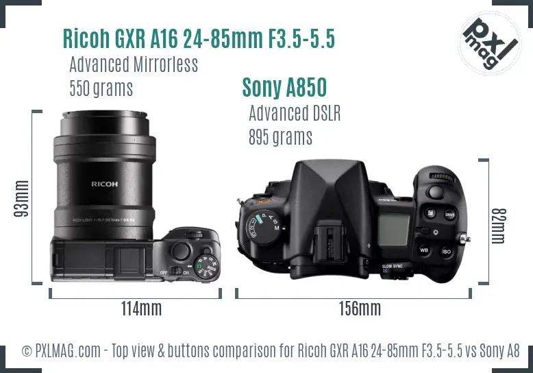 Ricoh GXR A16 24-85mm F3.5-5.5 vs Sony A850 top view buttons comparison