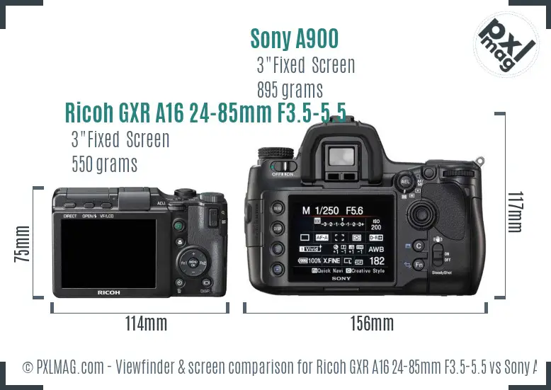 Ricoh GXR A16 24-85mm F3.5-5.5 vs Sony A900 Screen and Viewfinder comparison