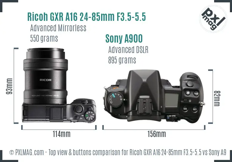 Ricoh GXR A16 24-85mm F3.5-5.5 vs Sony A900 top view buttons comparison