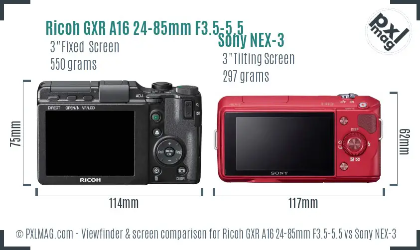 Ricoh GXR A16 24-85mm F3.5-5.5 vs Sony NEX-3 Screen and Viewfinder comparison