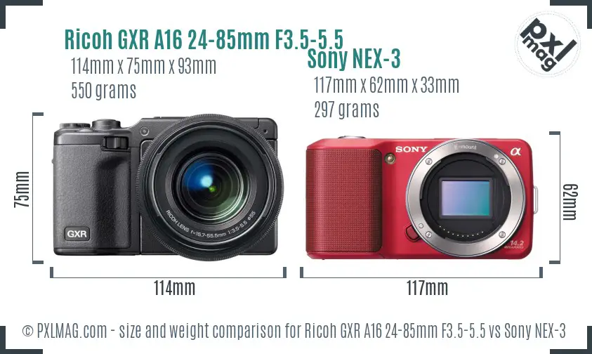 Ricoh GXR A16 24-85mm F3.5-5.5 vs Sony NEX-3 size comparison