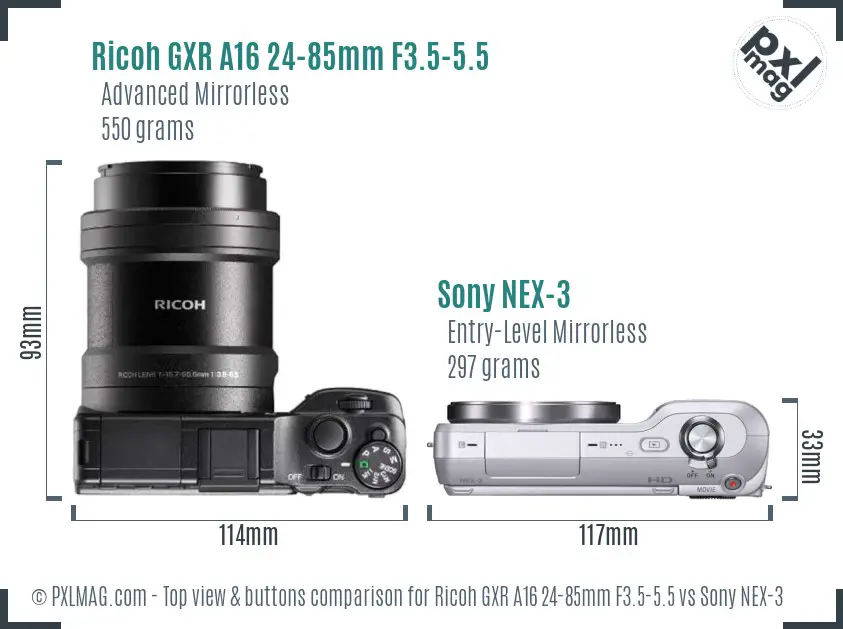 Ricoh GXR A16 24-85mm F3.5-5.5 vs Sony NEX-3 top view buttons comparison