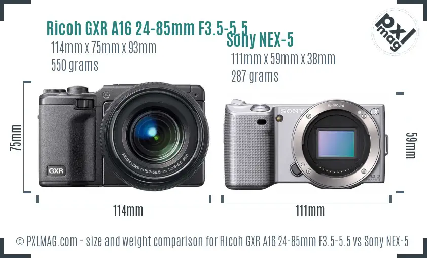Ricoh GXR A16 24-85mm F3.5-5.5 vs Sony NEX-5 size comparison