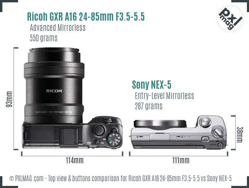 Ricoh GXR A16 24-85mm F3.5-5.5 vs Sony NEX-5 top view buttons comparison