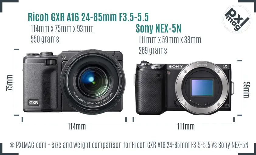 Ricoh GXR A16 24-85mm F3.5-5.5 vs Sony NEX-5N size comparison