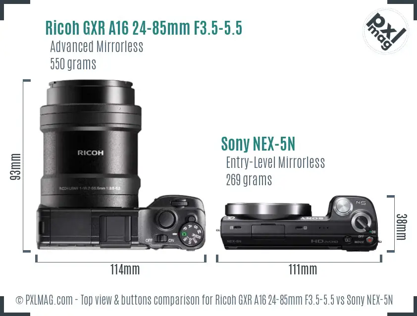 Ricoh GXR A16 24-85mm F3.5-5.5 vs Sony NEX-5N top view buttons comparison