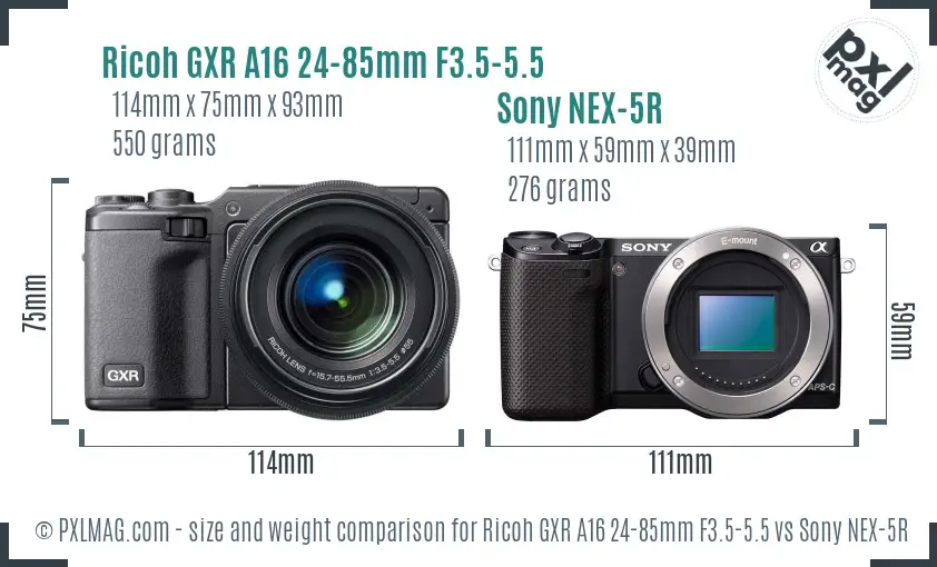 Ricoh GXR A16 24-85mm F3.5-5.5 vs Sony NEX-5R size comparison