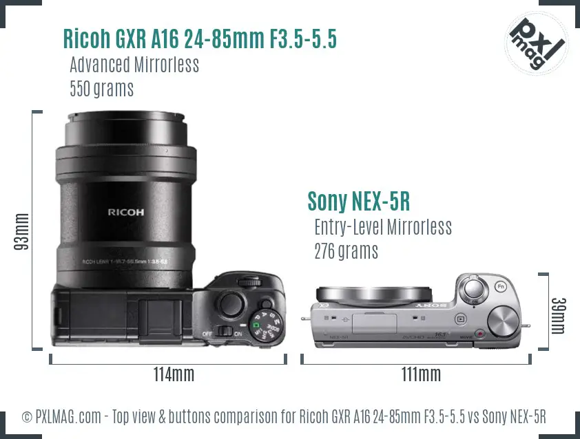 Ricoh GXR A16 24-85mm F3.5-5.5 vs Sony NEX-5R top view buttons comparison