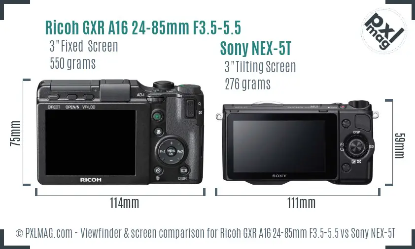 Ricoh GXR A16 24-85mm F3.5-5.5 vs Sony NEX-5T Screen and Viewfinder comparison