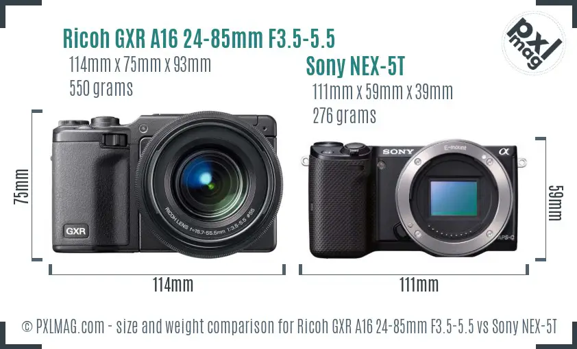 Ricoh GXR A16 24-85mm F3.5-5.5 vs Sony NEX-5T size comparison