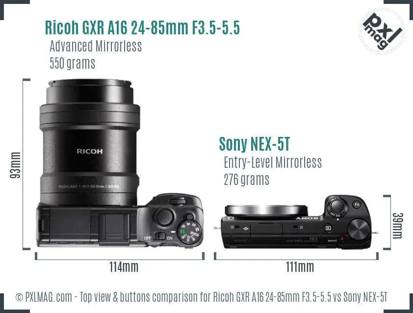 Ricoh GXR A16 24-85mm F3.5-5.5 vs Sony NEX-5T top view buttons comparison