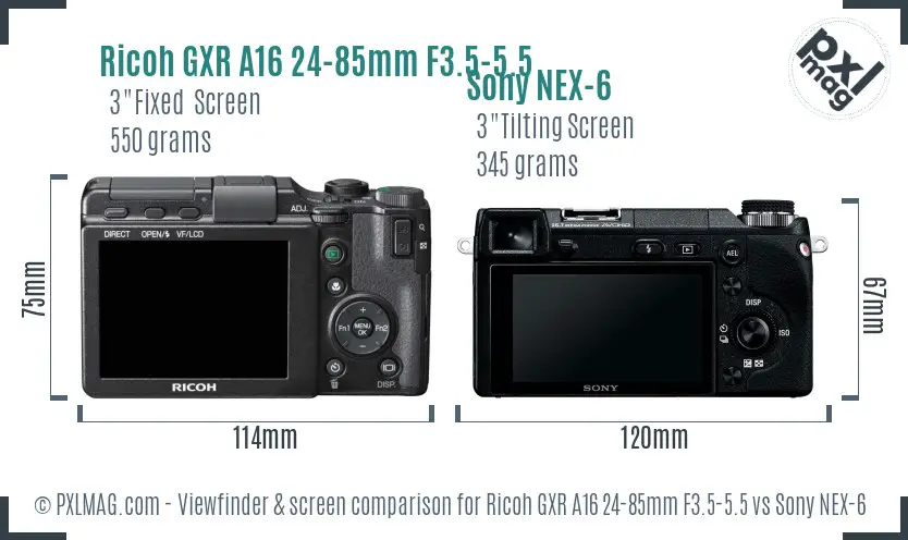 Ricoh GXR A16 24-85mm F3.5-5.5 vs Sony NEX-6 Screen and Viewfinder comparison