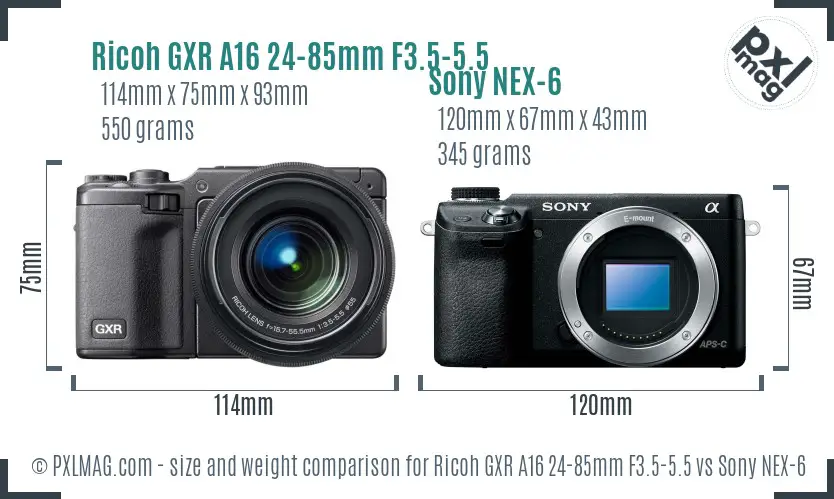 Ricoh GXR A16 24-85mm F3.5-5.5 vs Sony NEX-6 size comparison