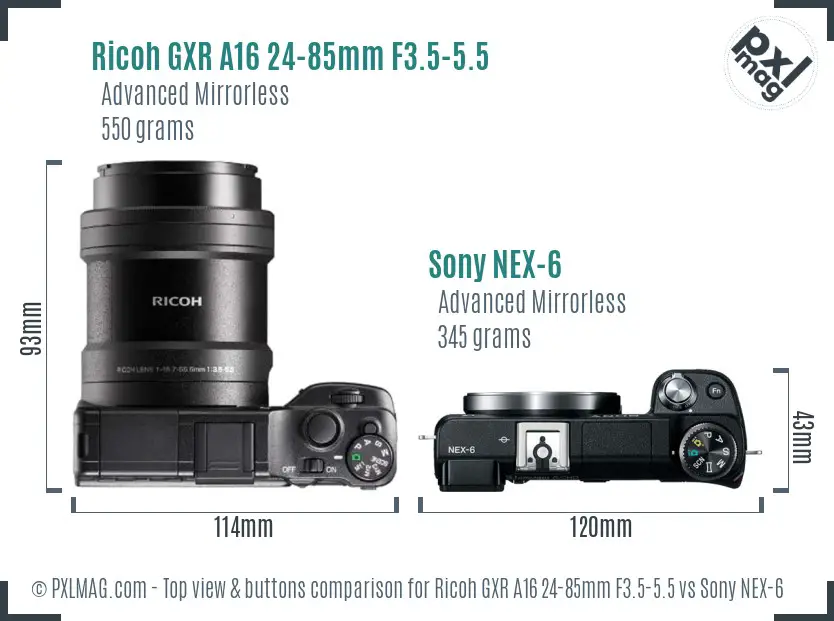 Ricoh GXR A16 24-85mm F3.5-5.5 vs Sony NEX-6 top view buttons comparison