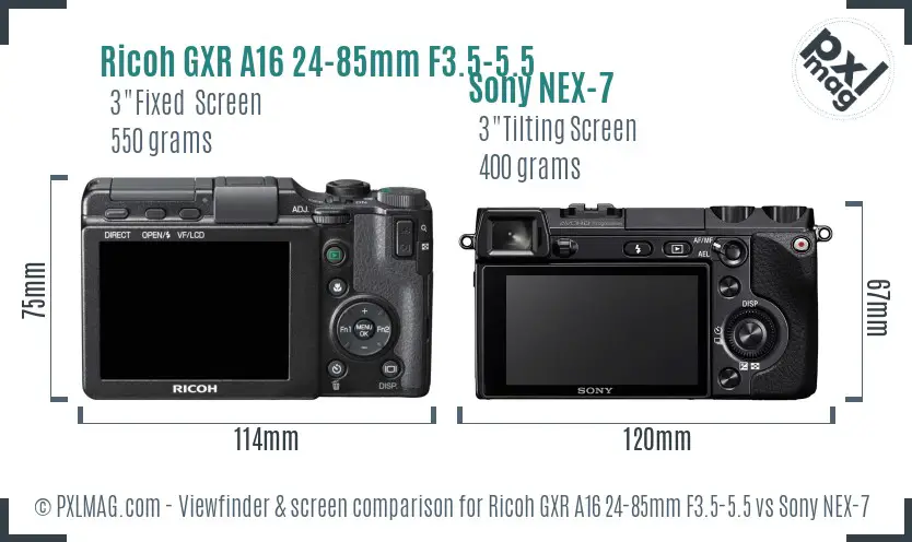 Ricoh GXR A16 24-85mm F3.5-5.5 vs Sony NEX-7 Screen and Viewfinder comparison