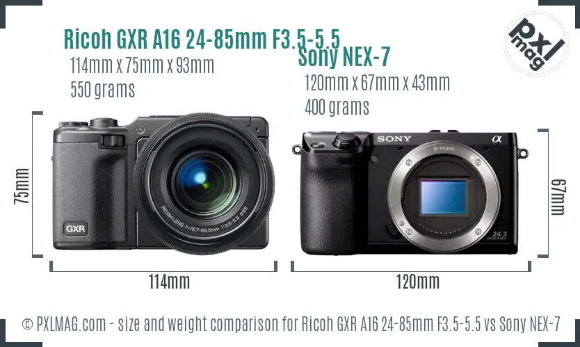 Ricoh GXR A16 24-85mm F3.5-5.5 vs Sony NEX-7 size comparison