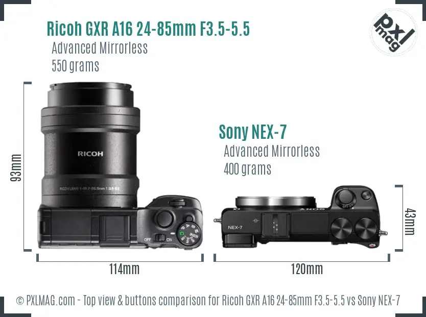 Ricoh GXR A16 24-85mm F3.5-5.5 vs Sony NEX-7 top view buttons comparison