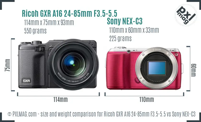 Ricoh GXR A16 24-85mm F3.5-5.5 vs Sony NEX-C3 size comparison