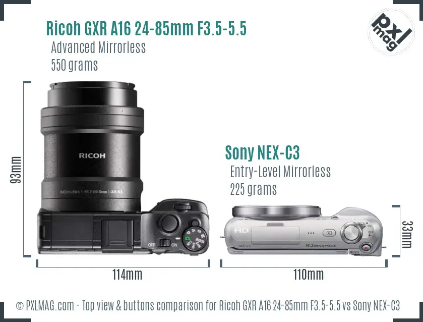 Ricoh GXR A16 24-85mm F3.5-5.5 vs Sony NEX-C3 top view buttons comparison