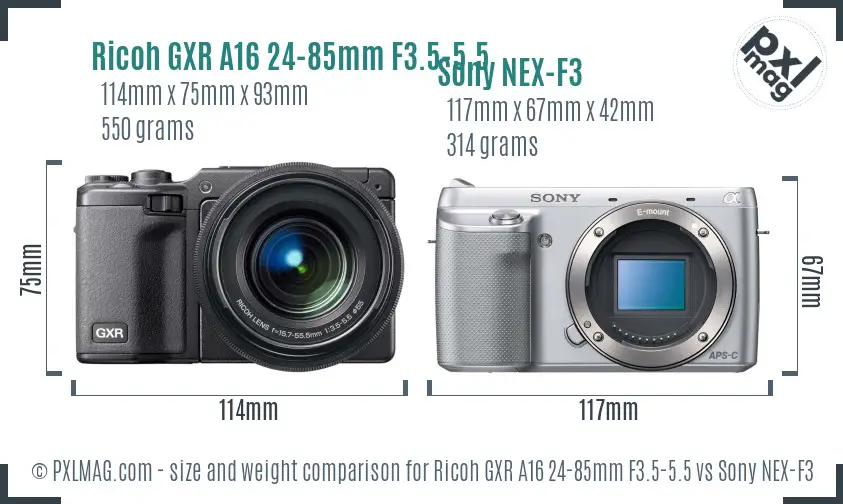 Ricoh GXR A16 24-85mm F3.5-5.5 vs Sony NEX-F3 size comparison
