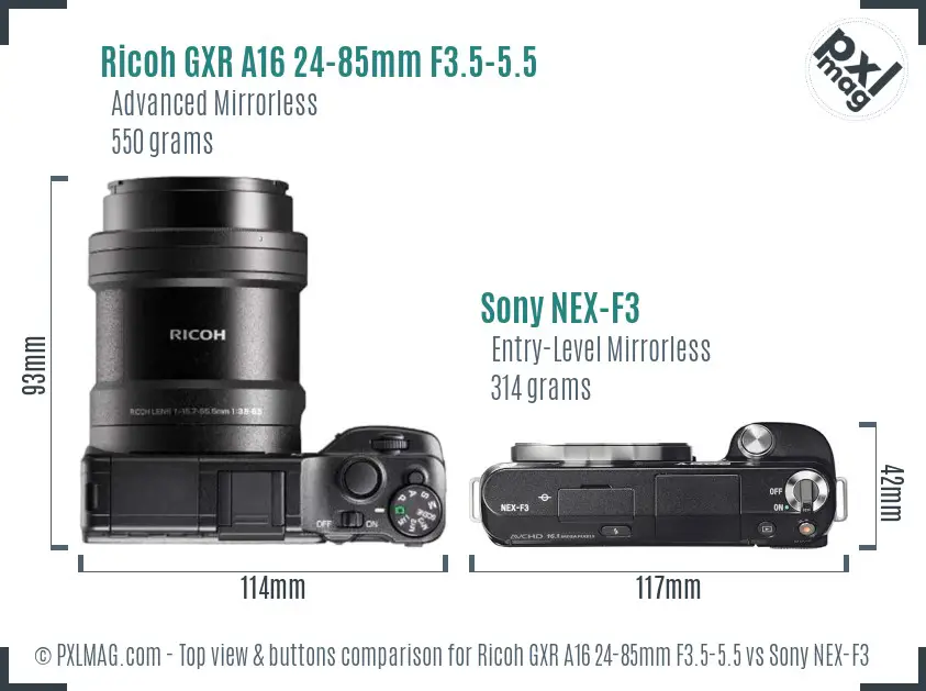 Ricoh GXR A16 24-85mm F3.5-5.5 vs Sony NEX-F3 top view buttons comparison