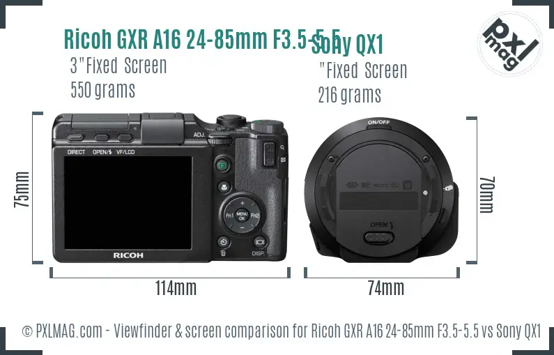Ricoh GXR A16 24-85mm F3.5-5.5 vs Sony QX1 Screen and Viewfinder comparison