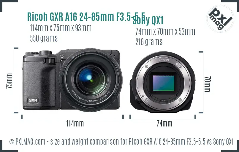 Ricoh GXR A16 24-85mm F3.5-5.5 vs Sony QX1 size comparison