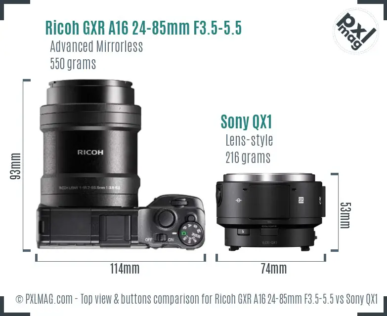 Ricoh GXR A16 24-85mm F3.5-5.5 vs Sony QX1 top view buttons comparison