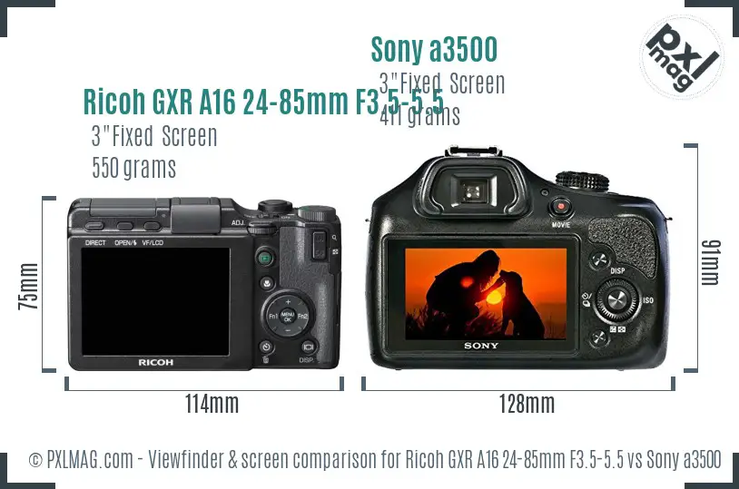 Ricoh GXR A16 24-85mm F3.5-5.5 vs Sony a3500 Screen and Viewfinder comparison