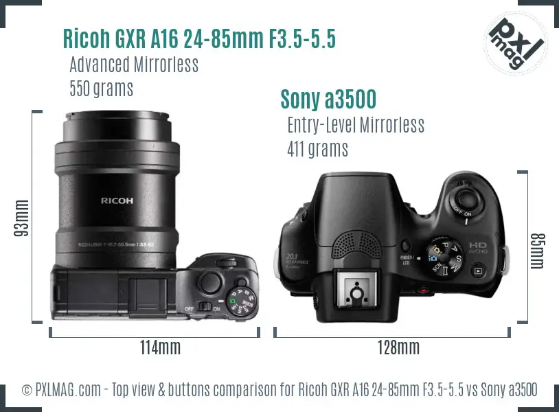 Ricoh GXR A16 24-85mm F3.5-5.5 vs Sony a3500 top view buttons comparison