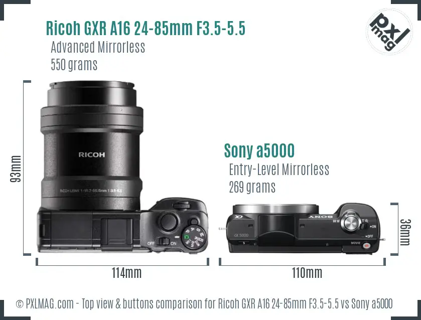 Ricoh GXR A16 24-85mm F3.5-5.5 vs Sony a5000 top view buttons comparison