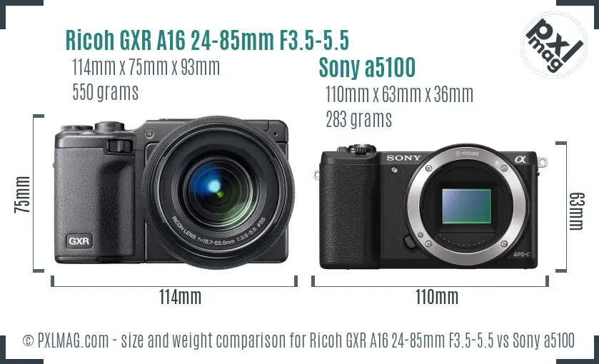 Ricoh GXR A16 24-85mm F3.5-5.5 vs Sony a5100 size comparison