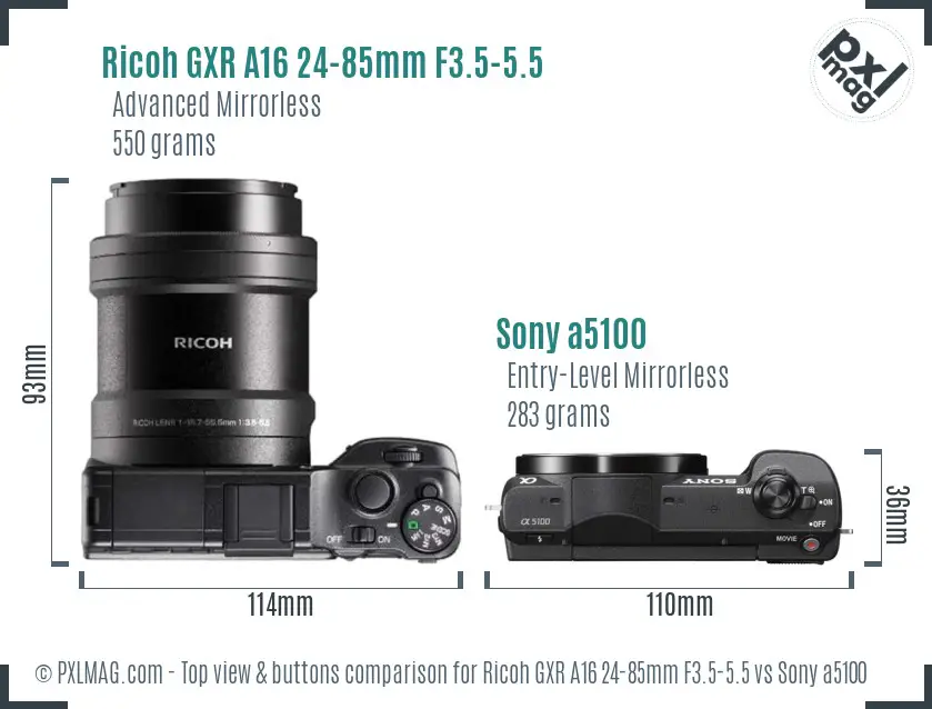 Ricoh GXR A16 24-85mm F3.5-5.5 vs Sony a5100 top view buttons comparison