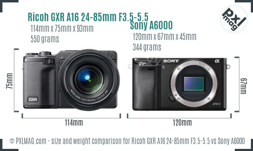 Ricoh GXR A16 24-85mm F3.5-5.5 vs Sony A6000 size comparison