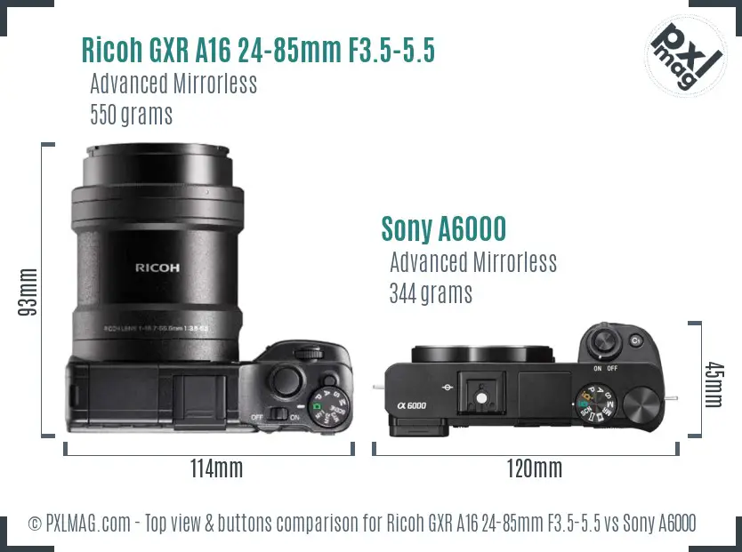 Ricoh GXR A16 24-85mm F3.5-5.5 vs Sony A6000 top view buttons comparison