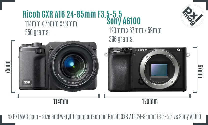 Ricoh GXR A16 24-85mm F3.5-5.5 vs Sony A6100 size comparison